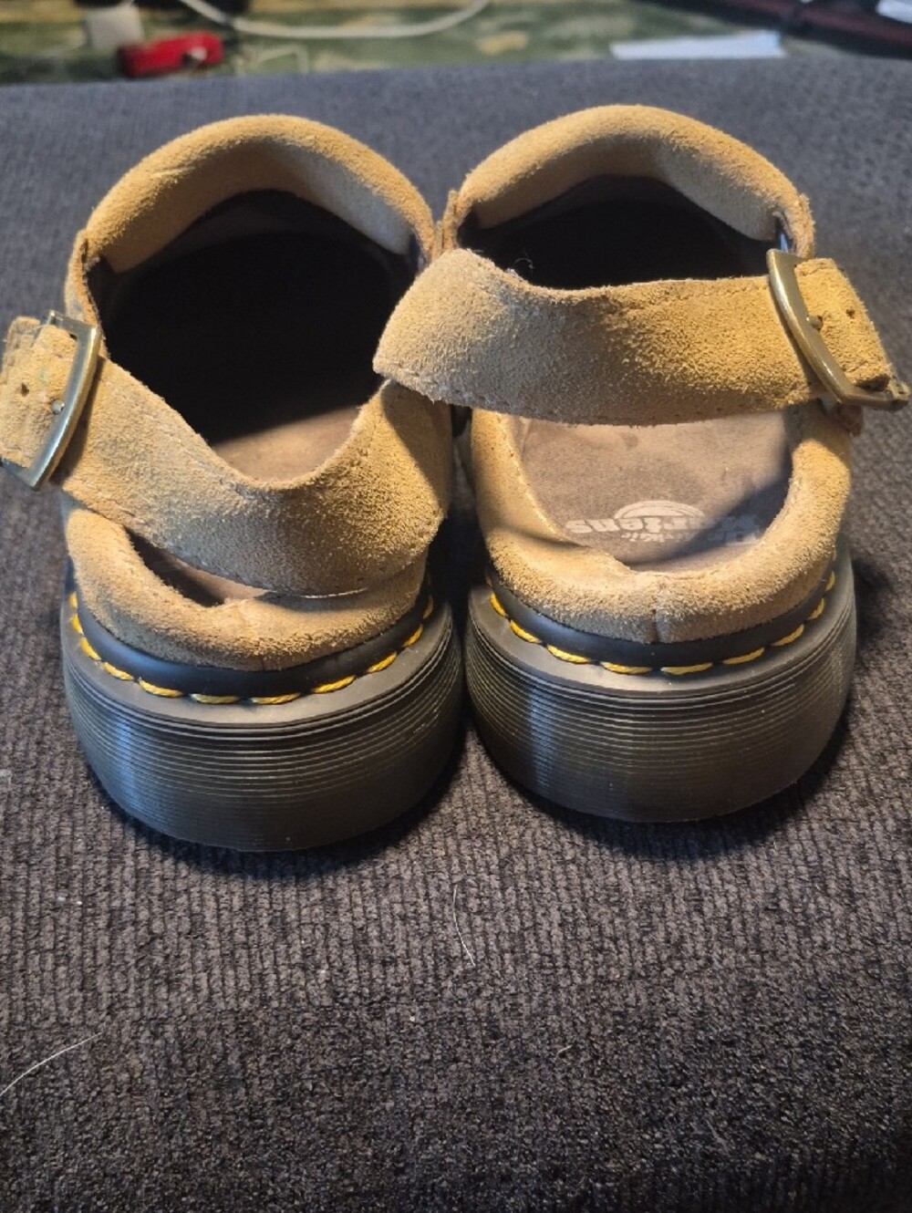 Dr. Martens Tan Suede Slingback Mules with Yellow Stitching - Picture 12 of 15